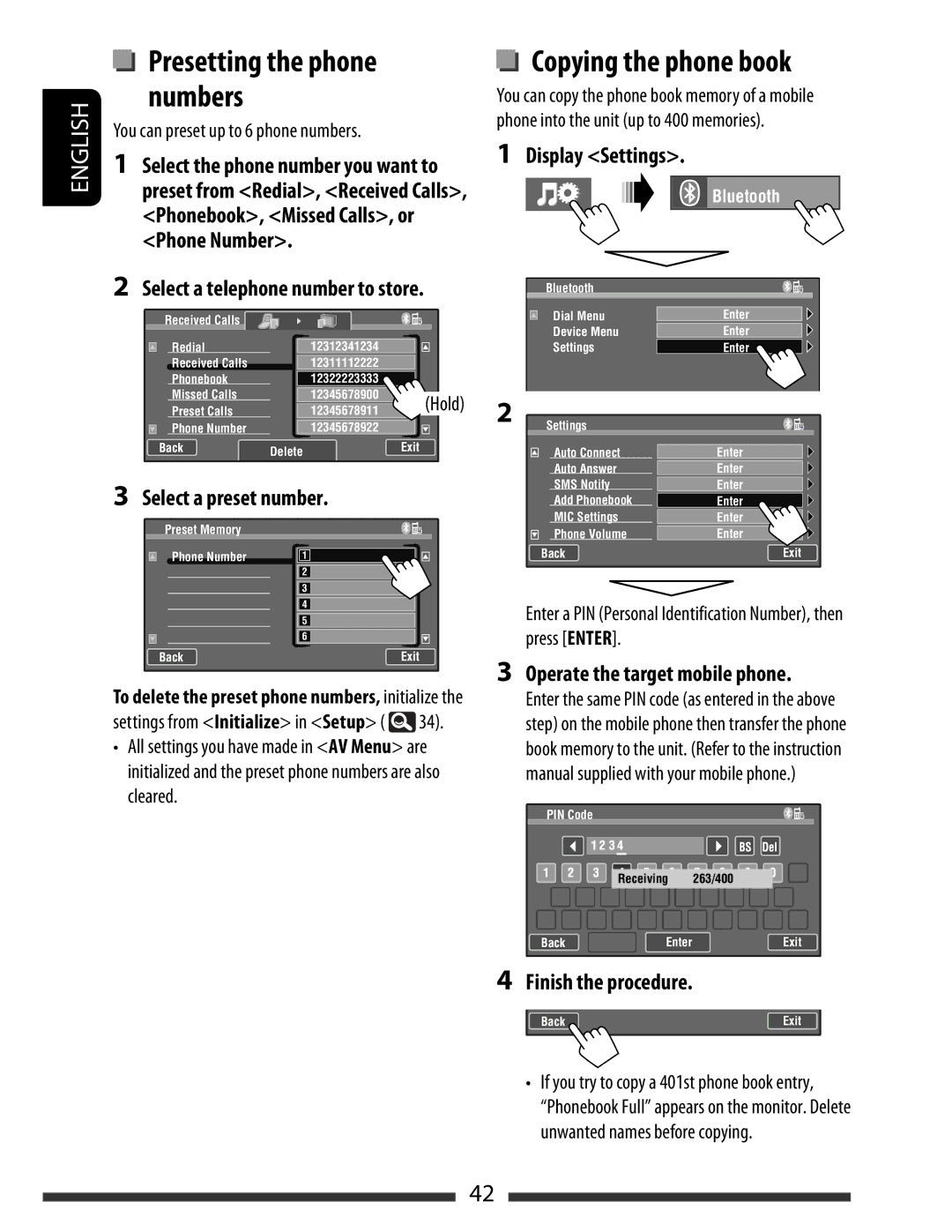 JVC KW-AVX838, KW-AVX830 Copying the phone book, Select a preset number, Display Settings, Operate the target mobile phone 