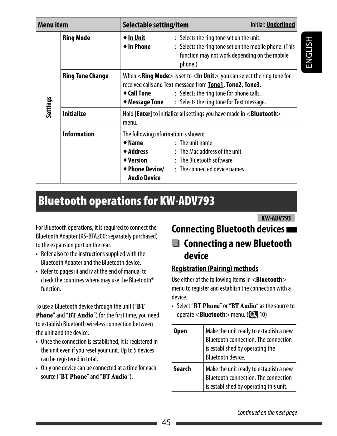 JVC KW-AVX830, KW-AVX838 manual Bluetooth operations for KW-ADV793, Registration Pairing methods 