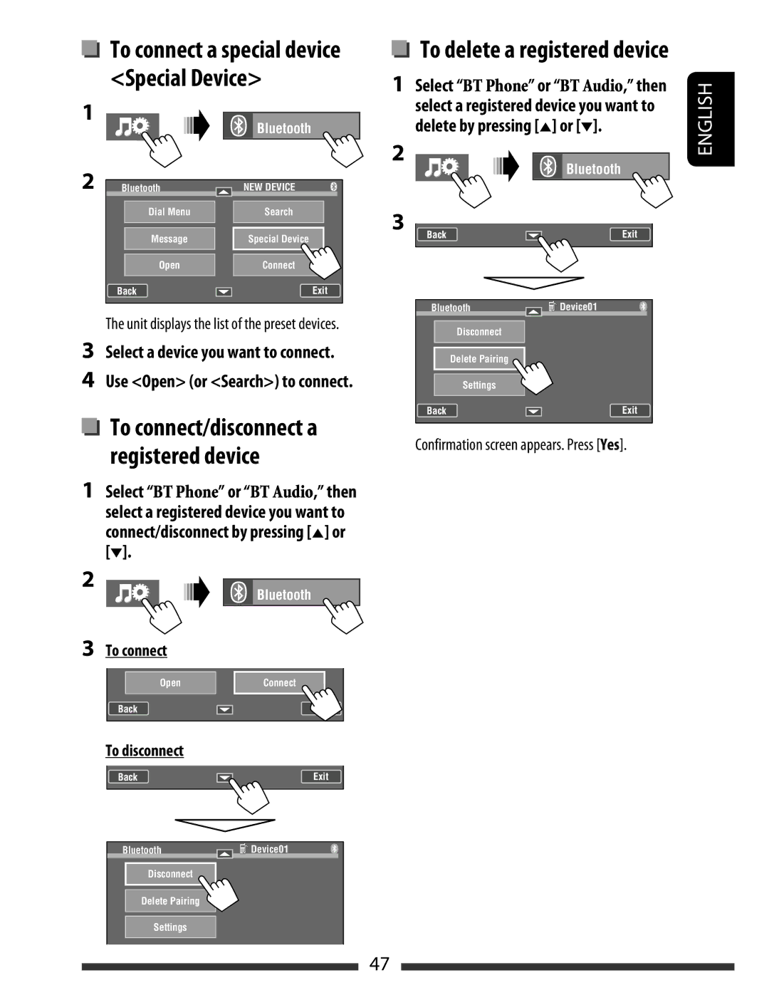 JVC KW-AVX830, KW-AVX838 manual Select a device you want to connect, Use Open or Search to connect, To connect 