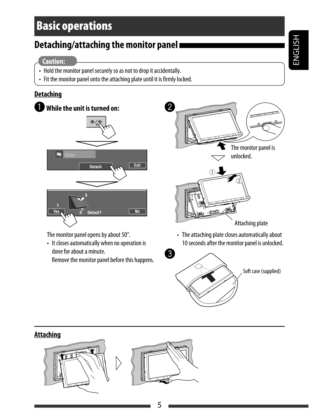 JVC KW-AVX830 Basic operations, Detaching ~ While the unit is turned on, Attaching plate, Monitor panel opens by about 