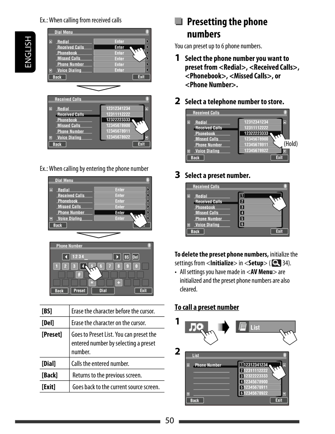 JVC KW-AVX838, KW-AVX830 Select the phone number you want to, Select a telephone number to store, To call a preset number 