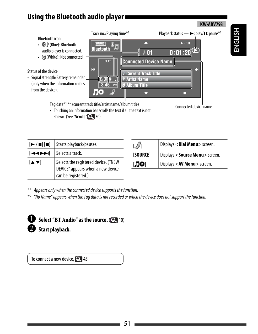 JVC KW-AVX830, KW-AVX838 manual ~ Select BT Audio as the source Start playback, Can be registered, To connect a new device 