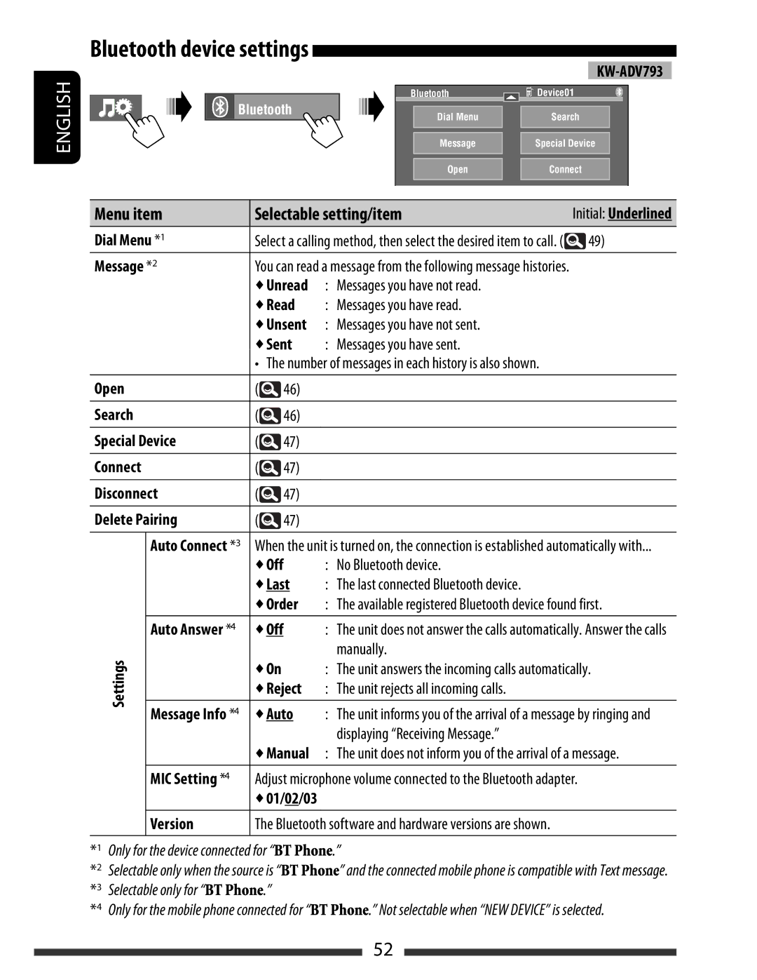 JVC KW-AVX838, KW-AVX830 manual Bluetooth device settings 