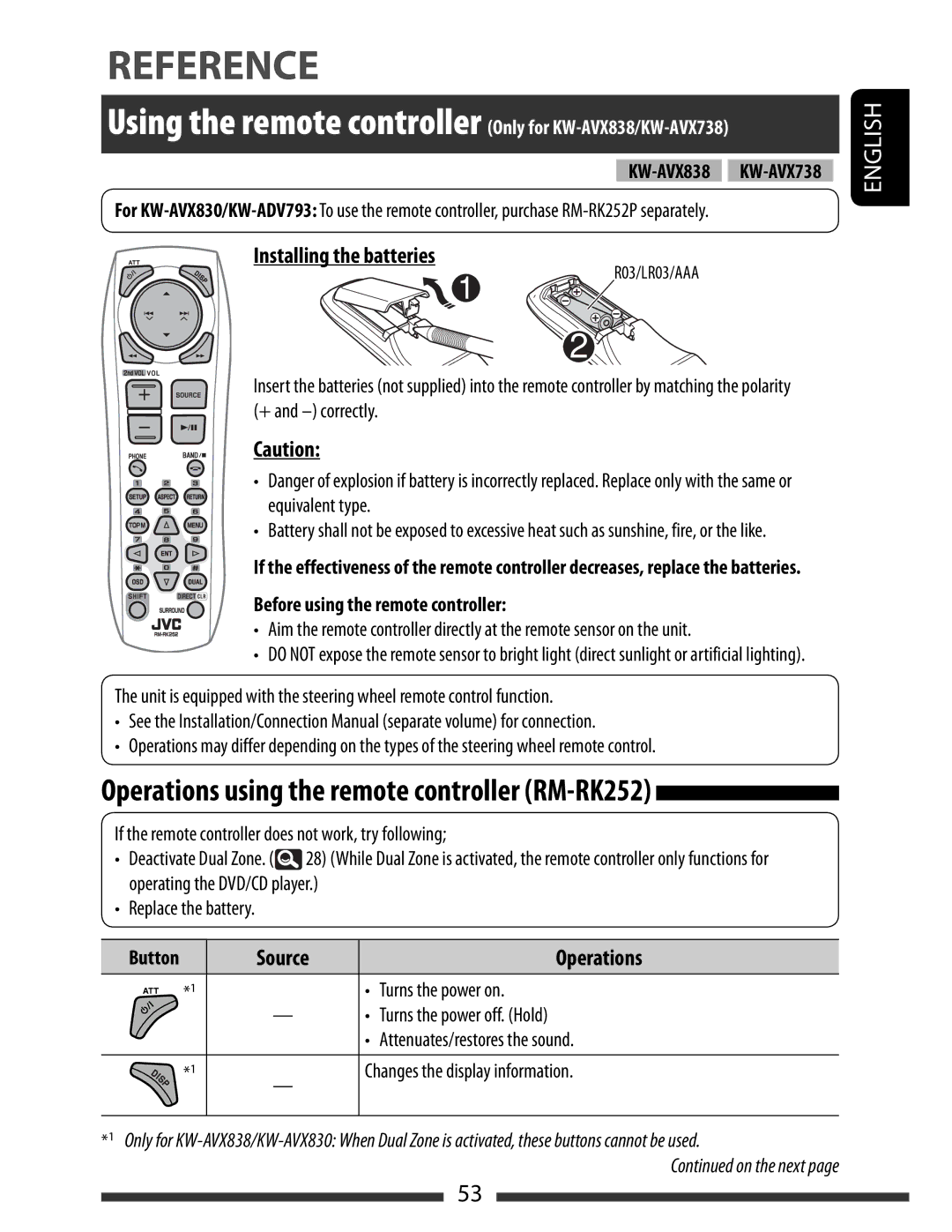 JVC KW-AVX830, KW-AVX838 manual Installing the batteries, Source Operations, Before using the remote controller 