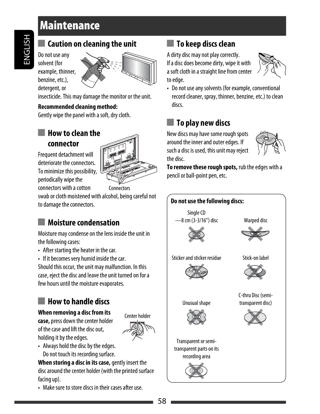 JVC KW-AVX838, KW-AVX830 manual Maintenance, Recommended cleaning method, Do not use the following discs 