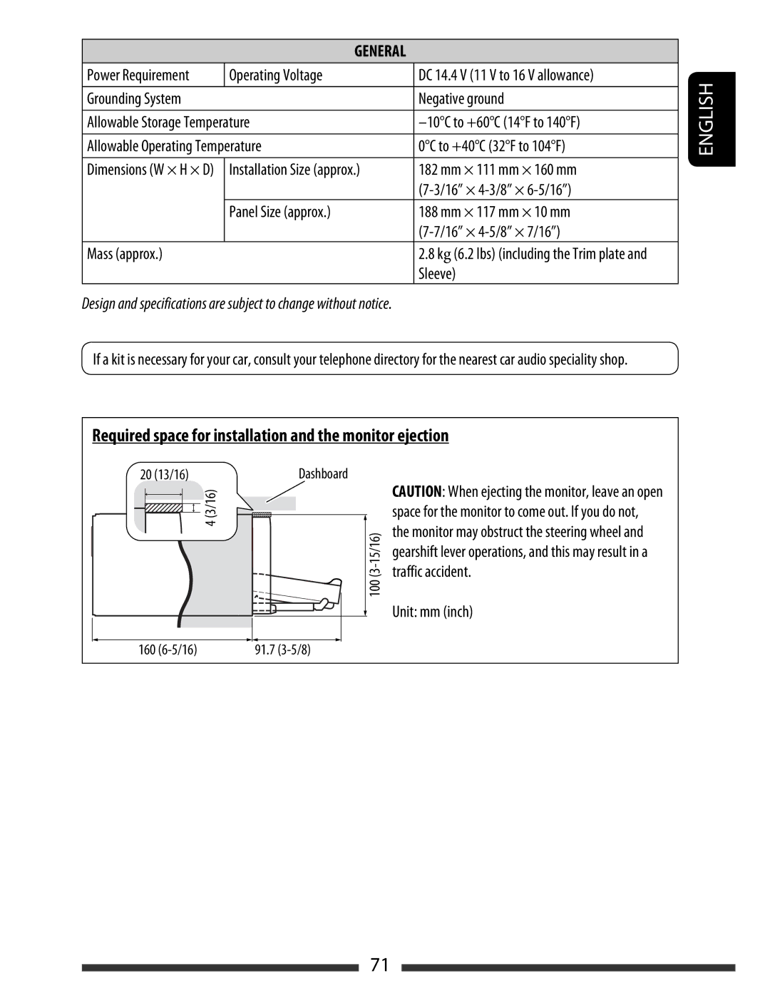 JVC KW-AVX830, KW-AVX838 Required space for installation and the monitor ejection, Operating Voltage, Sleeve, Unit mm inch 