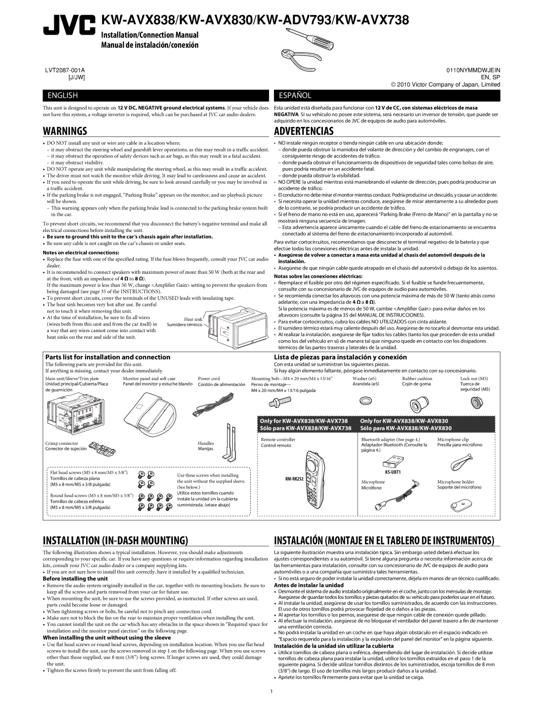 JVC KW-AVX830, KW-AVX838 manual Advertencias, Installation IN-DASH Mounting 