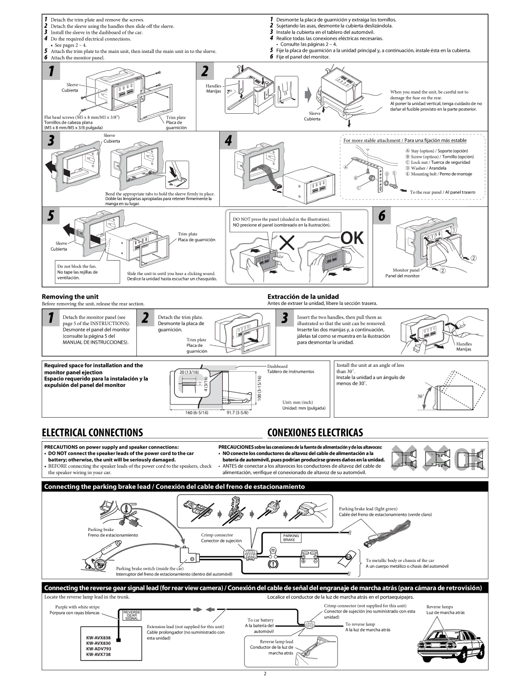 JVC KW-AVX838, KW-AVX830 manual Electrical Connections Conexiones Electricas, Fije el panel del monitor 