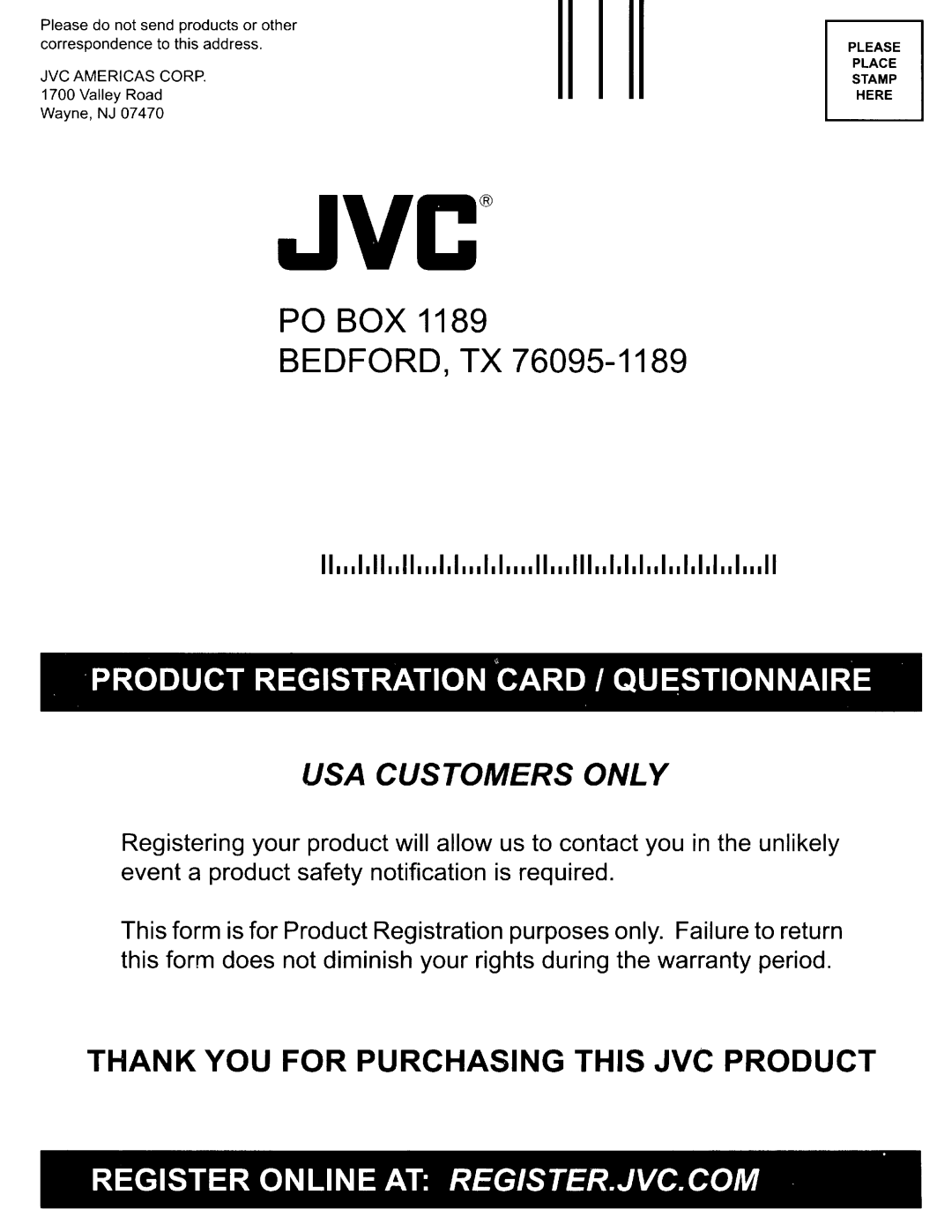 JVC KW-AVX838, KW-AVX830 manual Po Box Bedford, Tx 