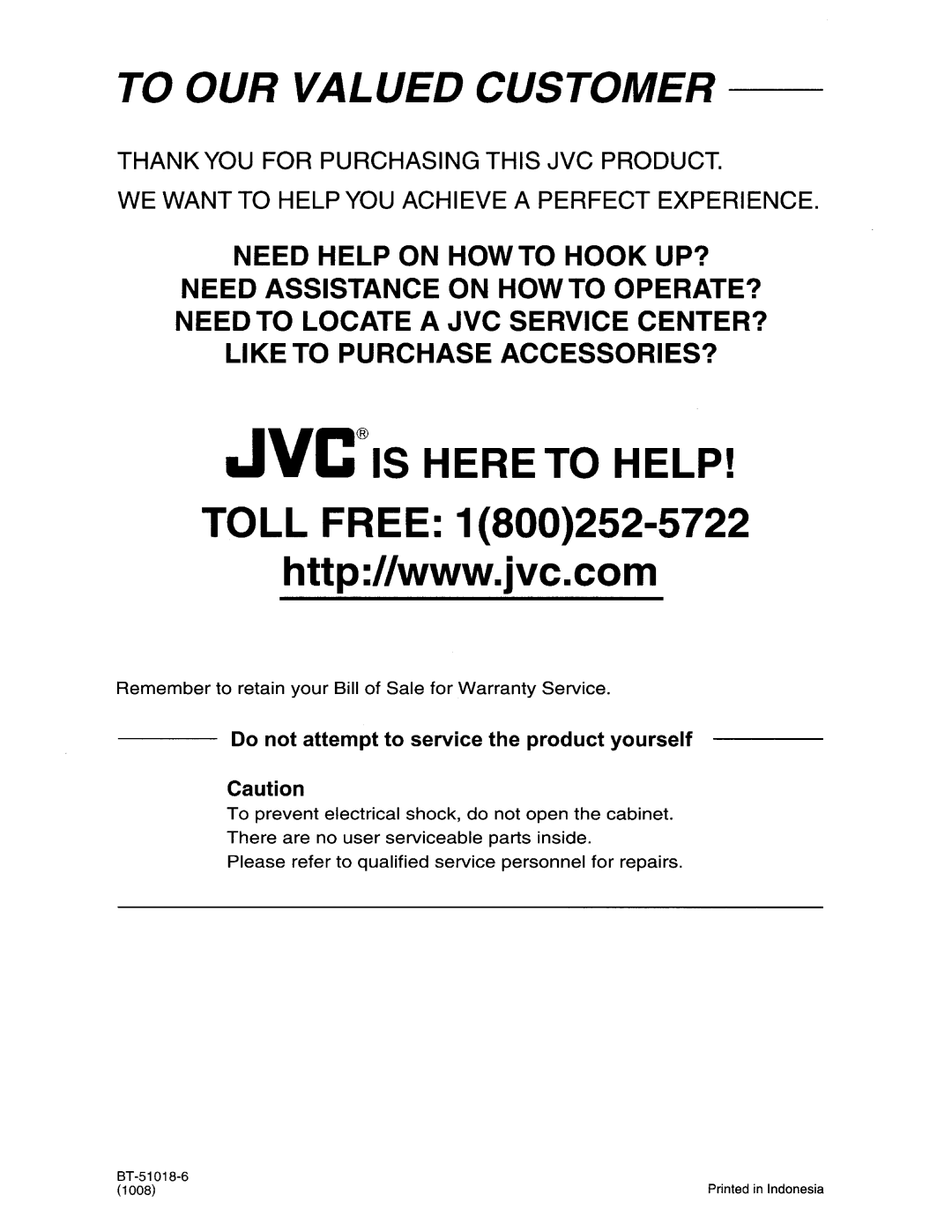 JVC KW-AVX838, KW-AVX830 manual To OUR Valued Customer 