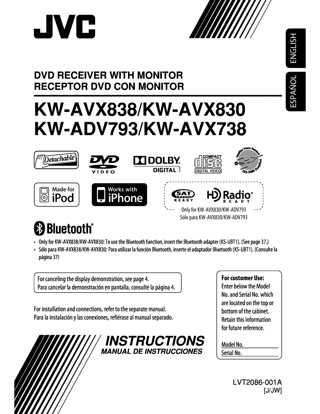 JVC KW-AVX830 manual Dvd Receiver With Monitor Receptor Dvd Con Monitor, Español English, Instructions, LVT2086-001A, J/Jw 