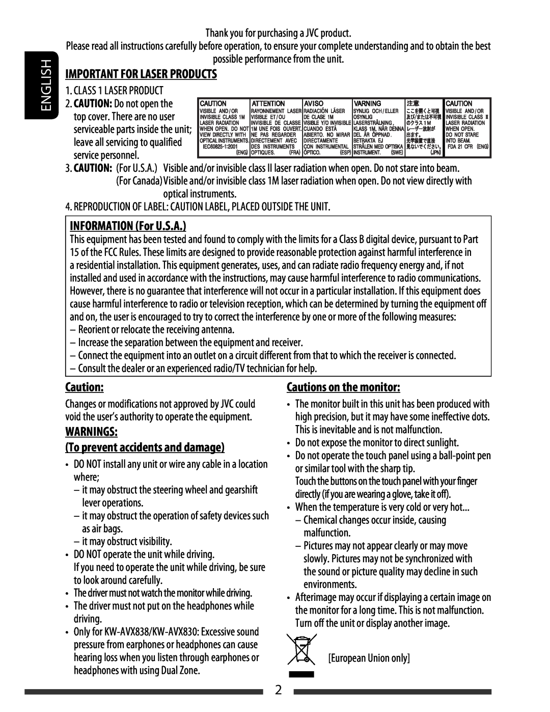 JVC KW-AVX838 manual English, Important For Laser Products, INFORMATION For U.S.A, WARNINGS To prevent accidents and damage 