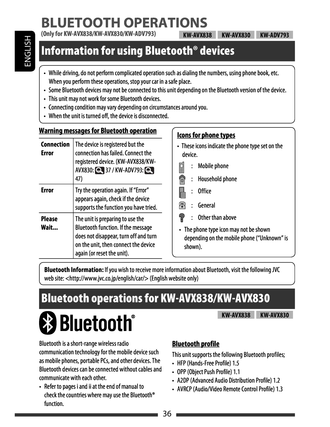 JVC manual Bluetooth Operations, Information for using Bluetooth devices, Bluetooth operations for KW-AVX838/KW-AVX830 