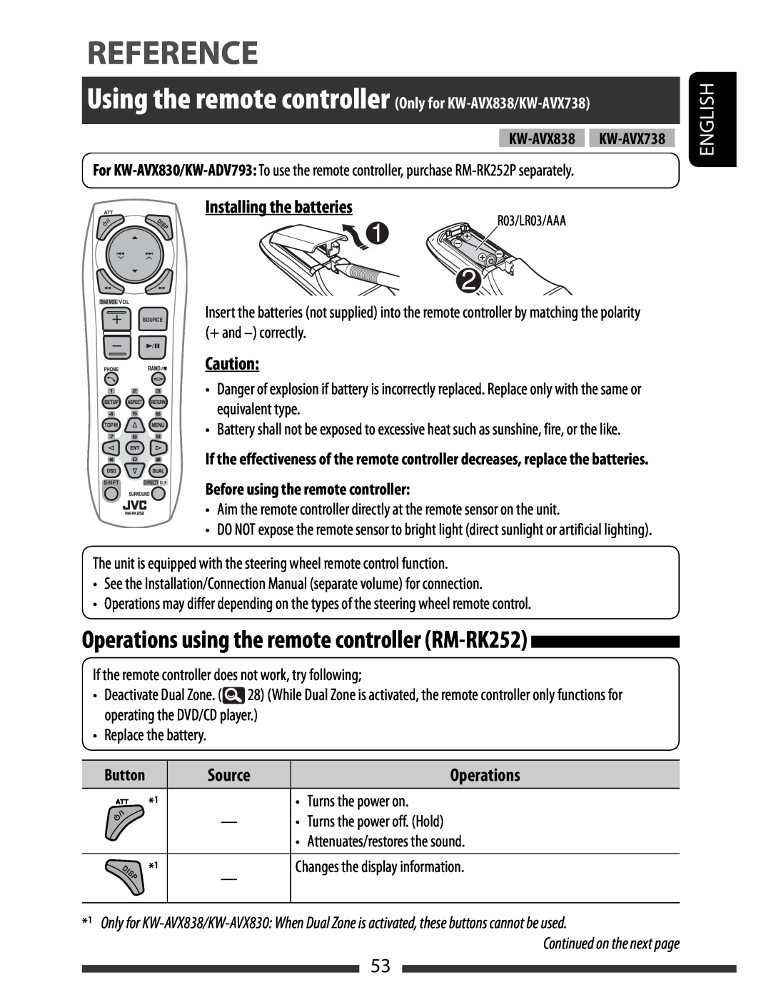 JVC KW-AVX830 manual Reference, Operations using the remote controller RM-RK252, English, Installing the batteries, Source 