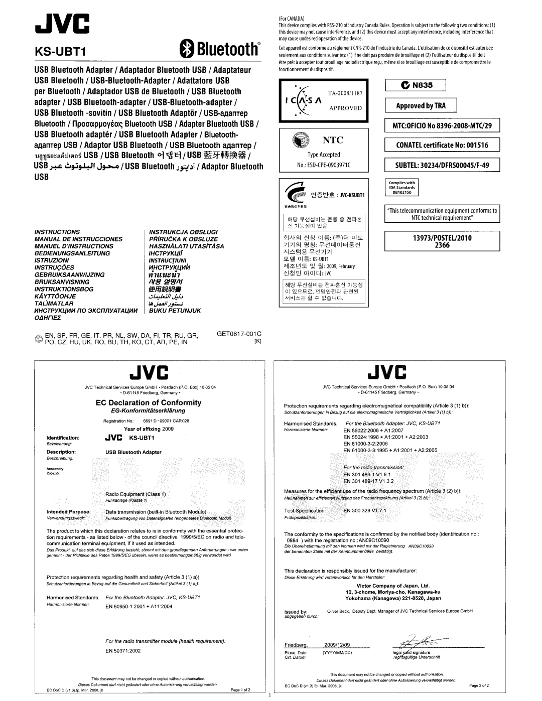 JVC KW-AVX830 manual KS-UBT1oBluetooth, fI1UUU1, fJElRlJlfPj, ON835, Approved by TRA, 1If§ f!!lJ1t, 13973/POSTEU2010 2366 