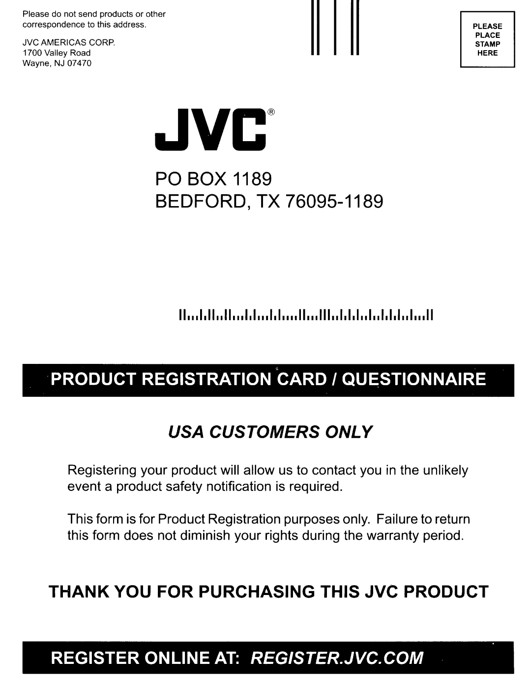 JVC KW-AVX838 Po Box Bedford, Tx, Productregistration Card I Qu~Stionnaire, Thank You For Purchasing This Jvc Product 