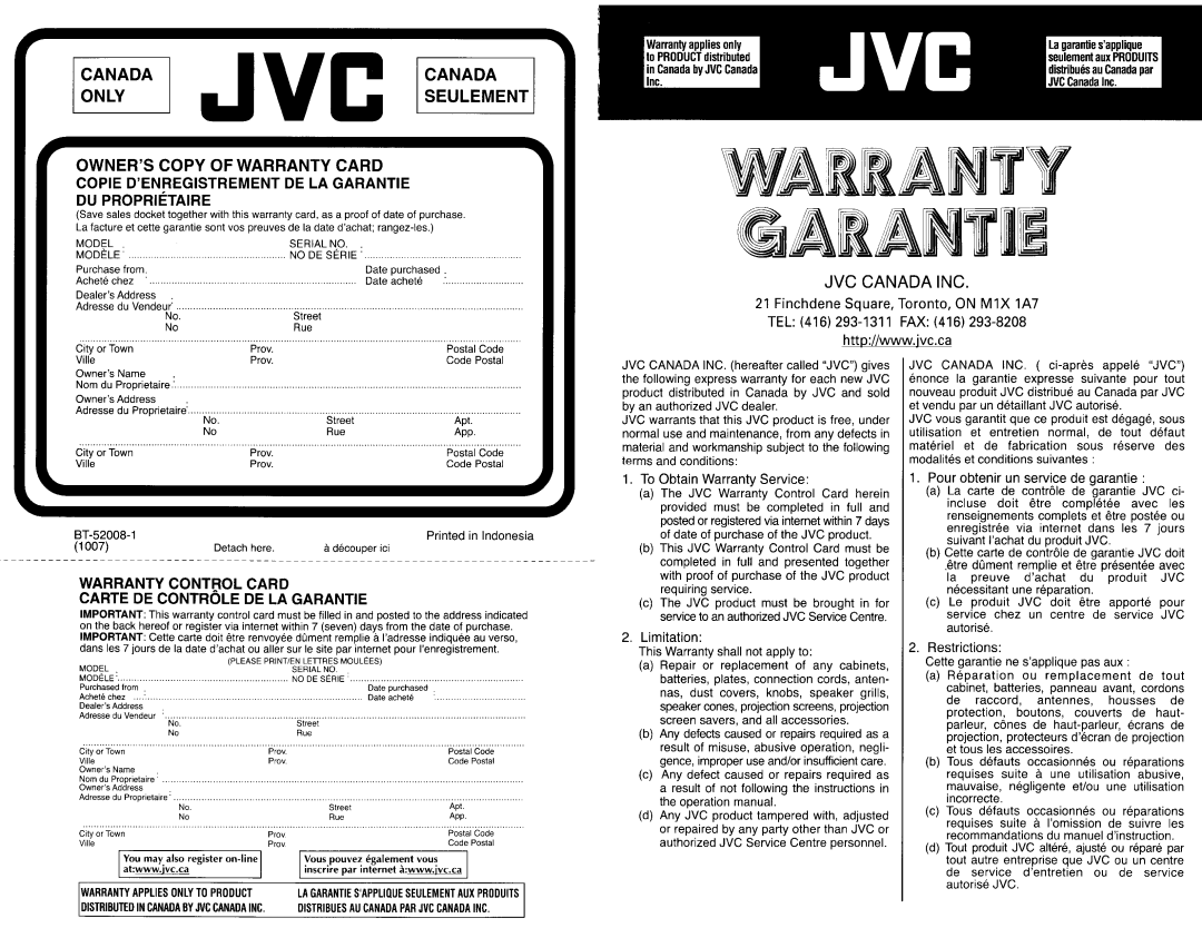 JVC KW-AVX838, KW-AVX830 manual Gaiantii, Warranty, Canada Jvc Canada Onlyseulement, OWNERSCOpy OF WARRANTY CARD 
