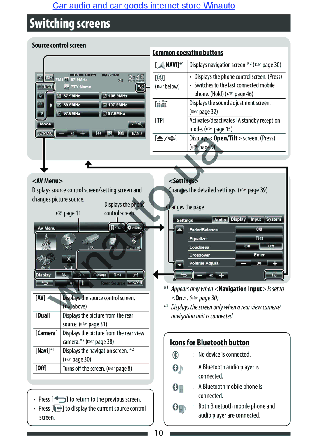 JVC KW-AVX846 user manual Switching screens, Icons for Bluetooth button 