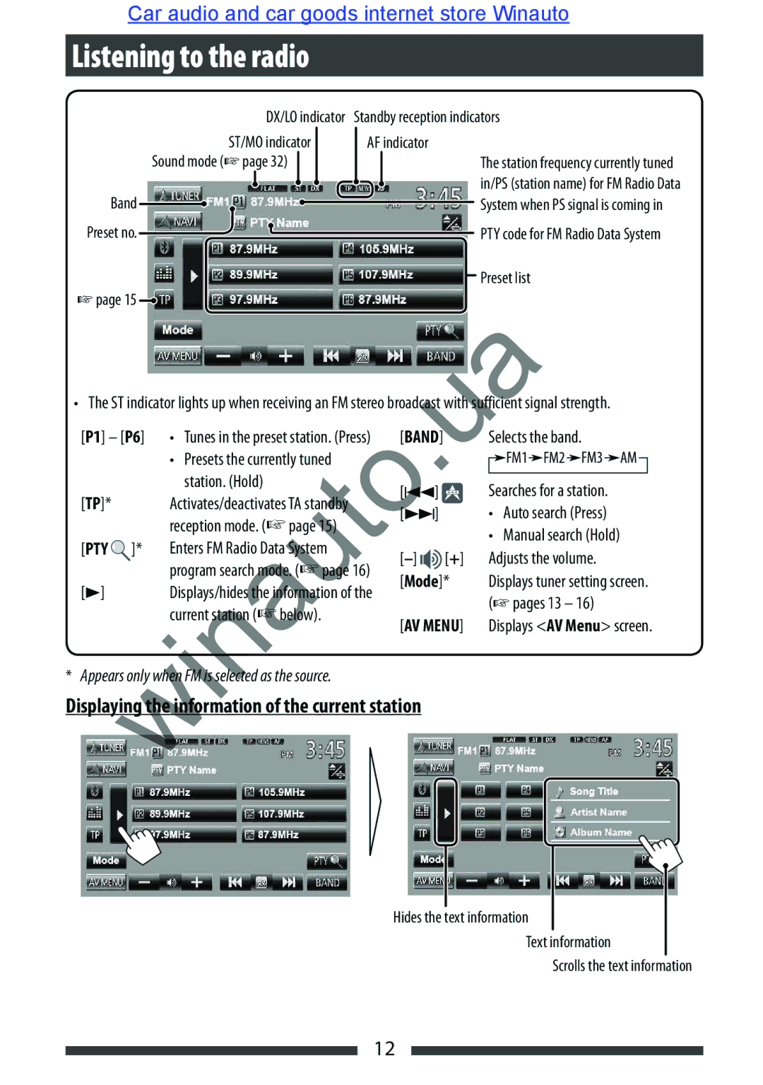 JVC KW-AVX846 user manual Listening to the radio, Displaying the information of the current station, Pty, Band, Mode 