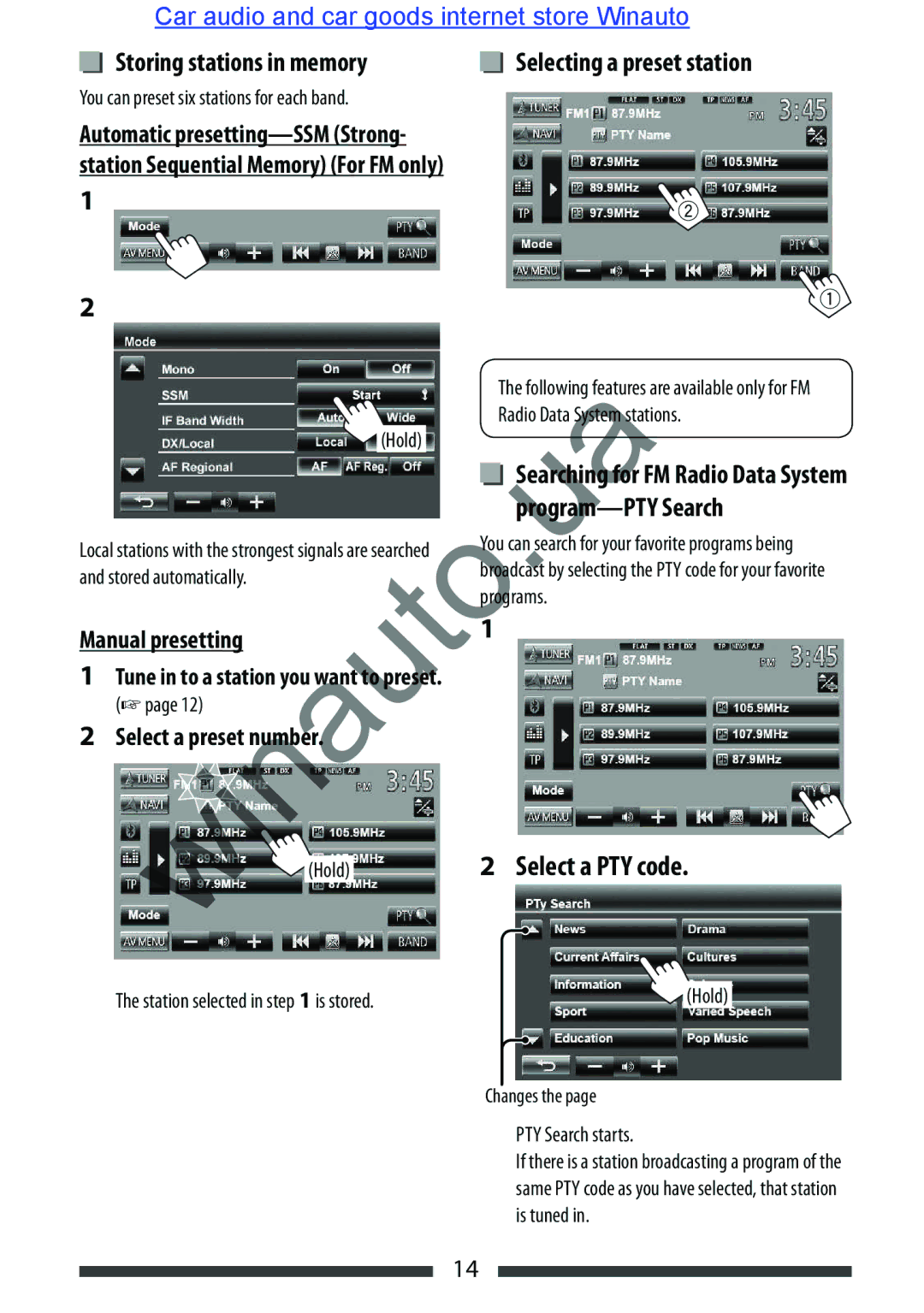 JVC KW-AVX846 Storing stations in memory Selecting a preset station, Program-PTY Search, Changes PTY Search starts 