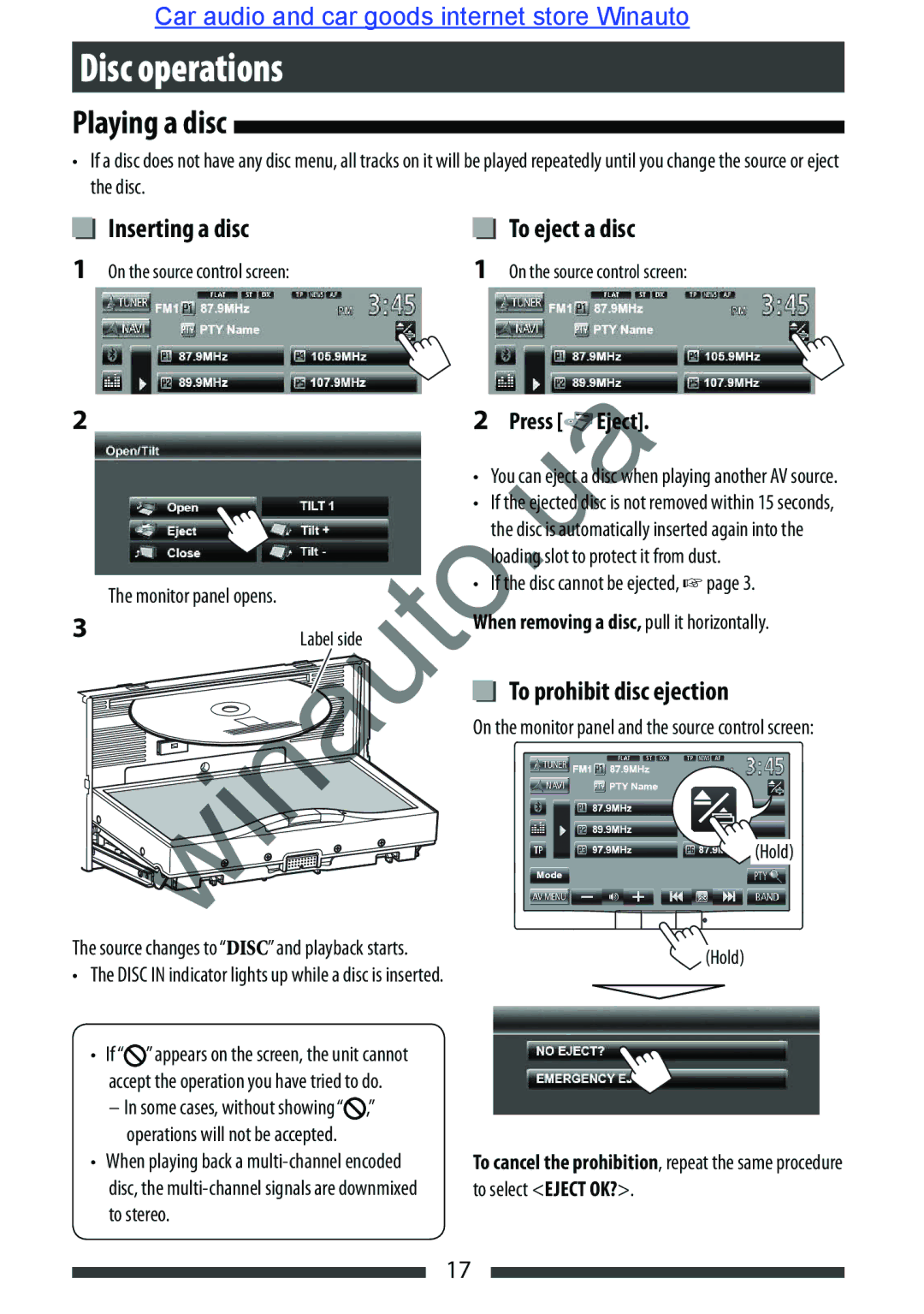 JVC KW-AVX846 user manual Disc operations, Playing a disc, Inserting a disc, To eject a disc, To prohibit disc ejection 