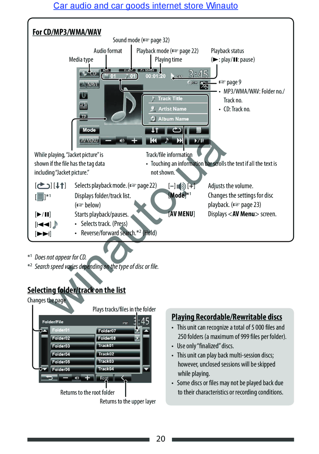 JVC KW-AVX846 user manual Selecting folder/track on the list, Playing Recordable/Rewritable discs, For CD/MP3/WMA/WAV, De*1 