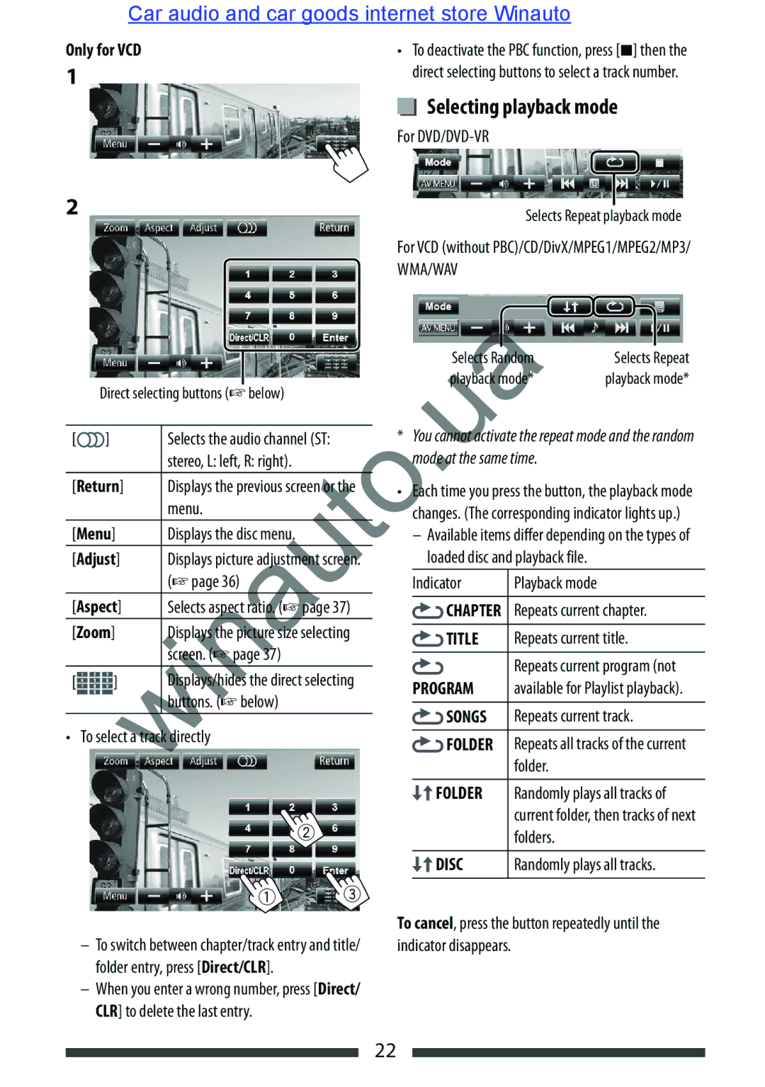 JVC KW-AVX846 user manual Selecting playback mode 