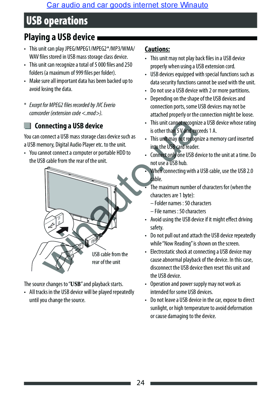 JVC KW-AVX846 user manual USB operations, Playing a USB device, Connecting a USB device 