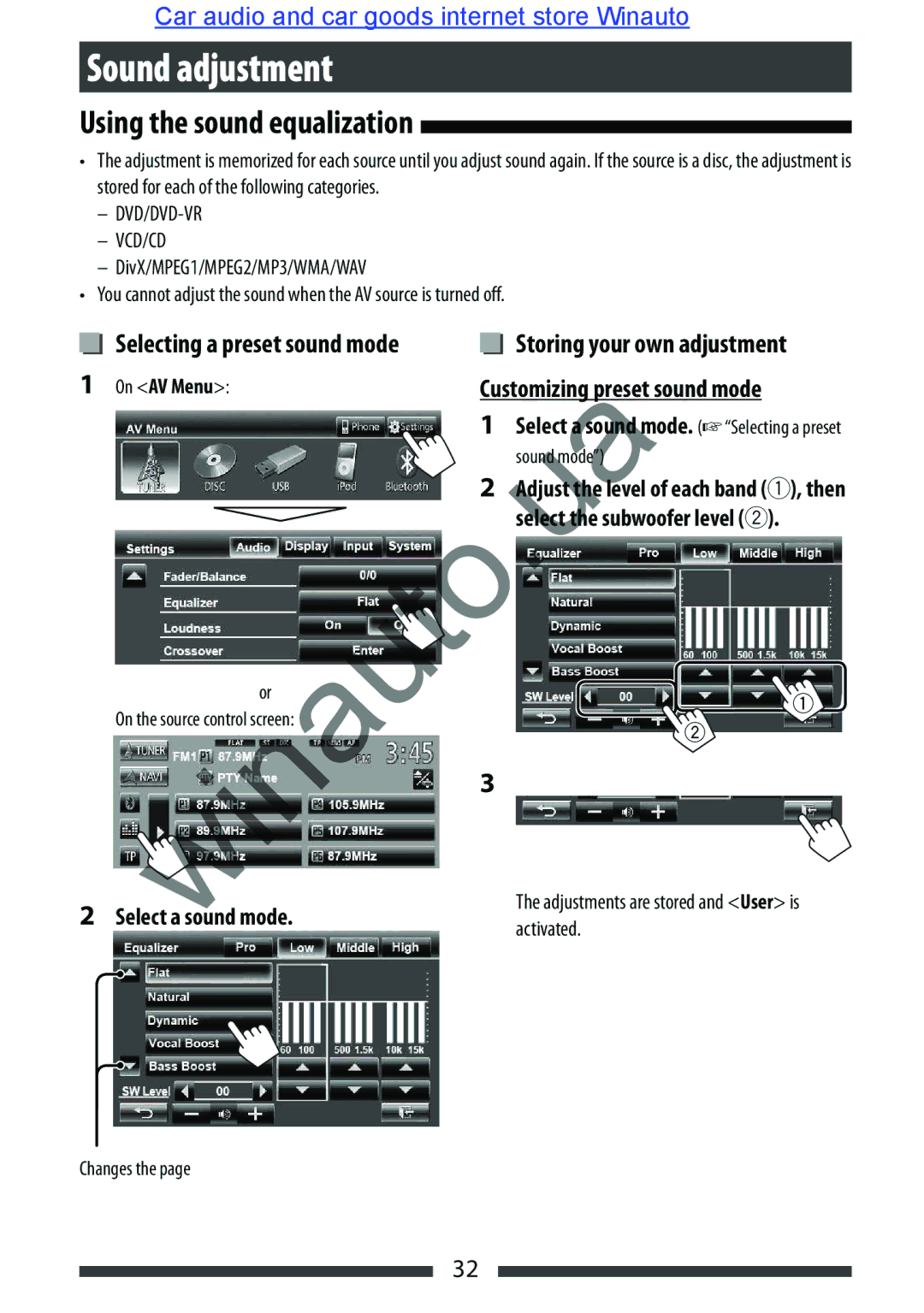 JVC KW-AVX846 user manual Sound adjustment, Using the sound equalization, Select sound mode, Activated, Changes 