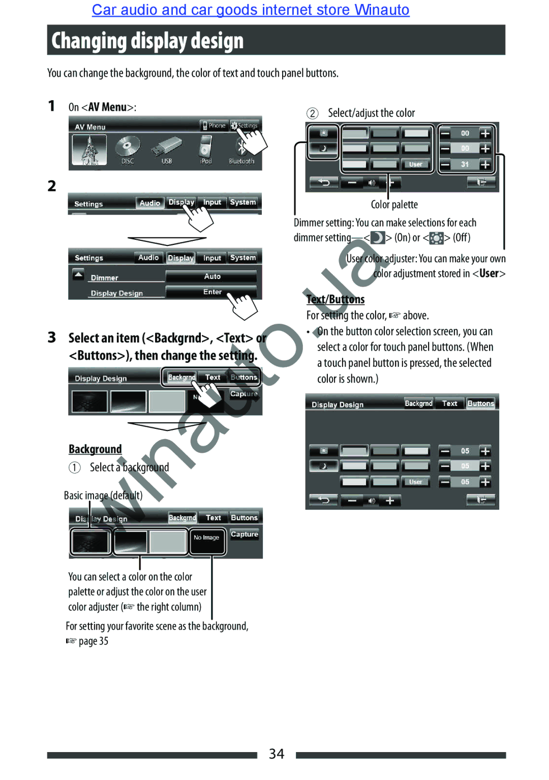 JVC KW-AVX846 user manual Changing display design, Background, UaText/B ttons 