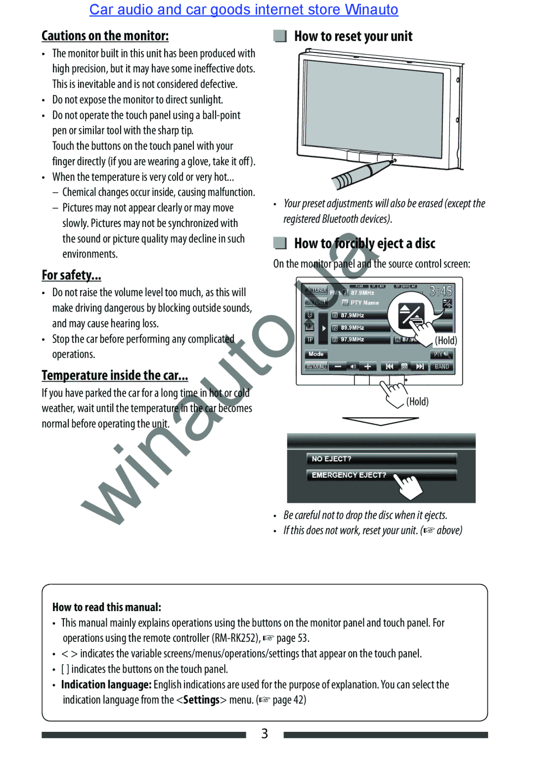 JVC KW-AVX846 user manual How to reset your unit, How to forcibly eject a disc, For safety, Temperature inside the car 