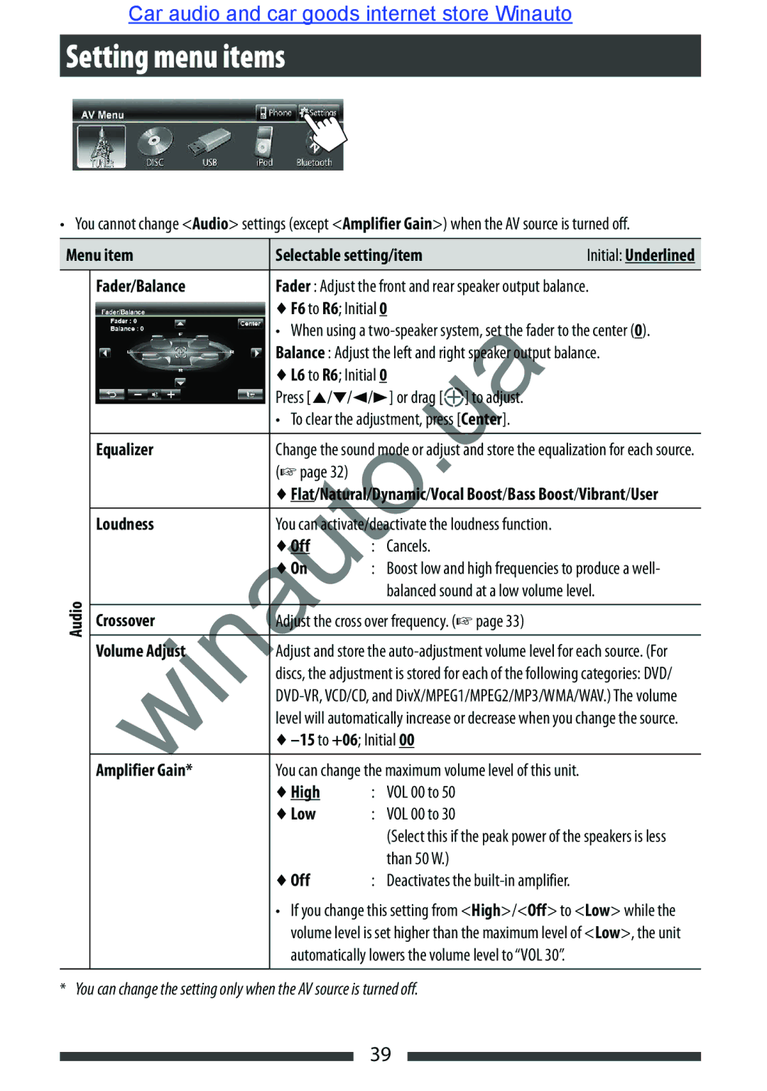 JVC KW-AVX846 user manual Setting menu items 