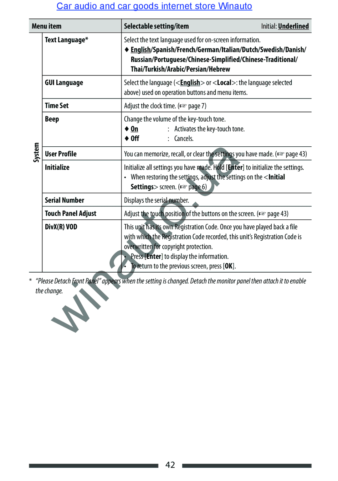 JVC KW-AVX846 Text Language, Thai/Turkish/Arabic/Persian/Hebrew, GUI Language, Beep, System Off, User Profile, Initialize 