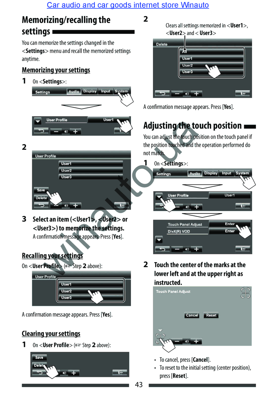 JVC KW-AVX846 user manual Memorizing/recalling, Settings, Memorizing your settings, Adjusting the touch position 