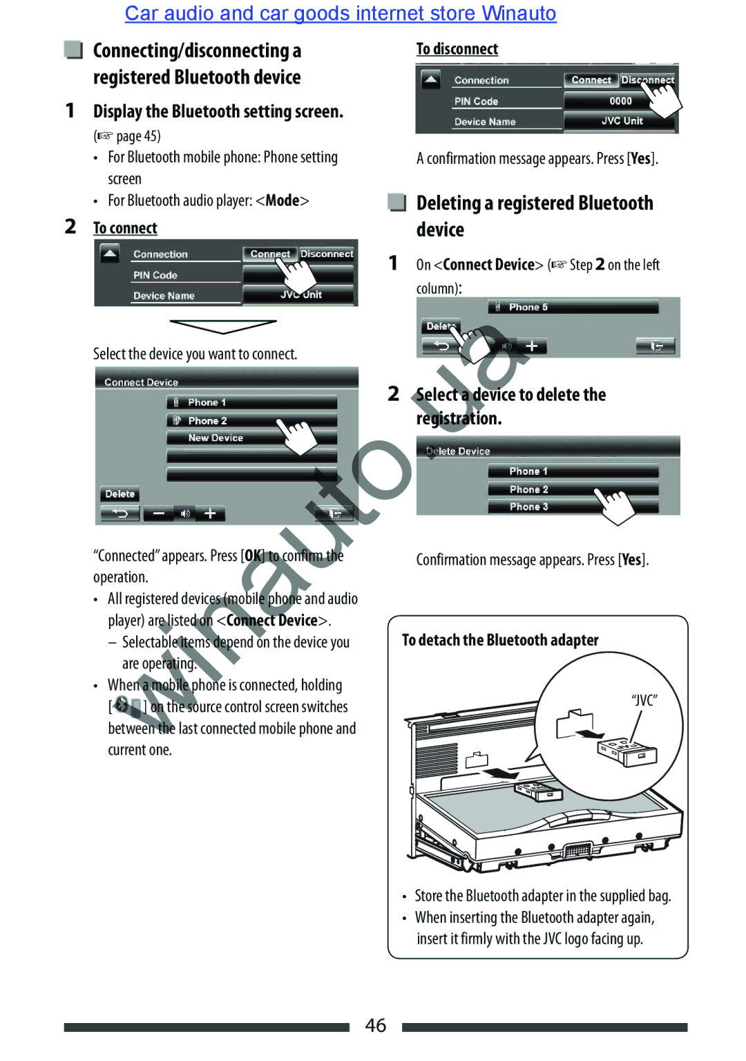 JVC KW-AVX846 Deleting a registered Bluetooth device, To connect To disconnect, On Connect Device on the left column 