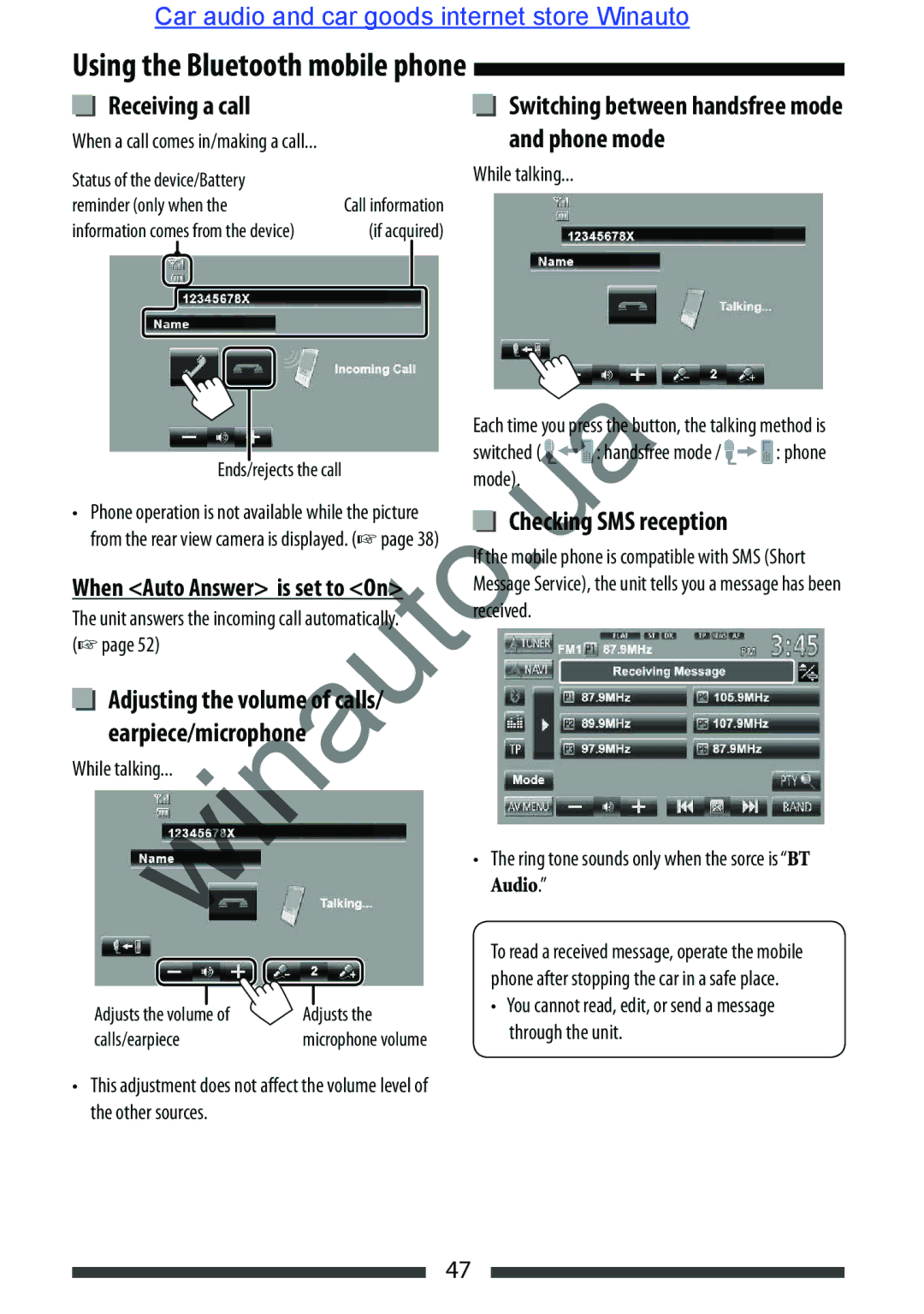 JVC KW-AVX846 user manual Using the Bluetooth mobile phone, Receiving a call, Checking SMS reception, Lls 