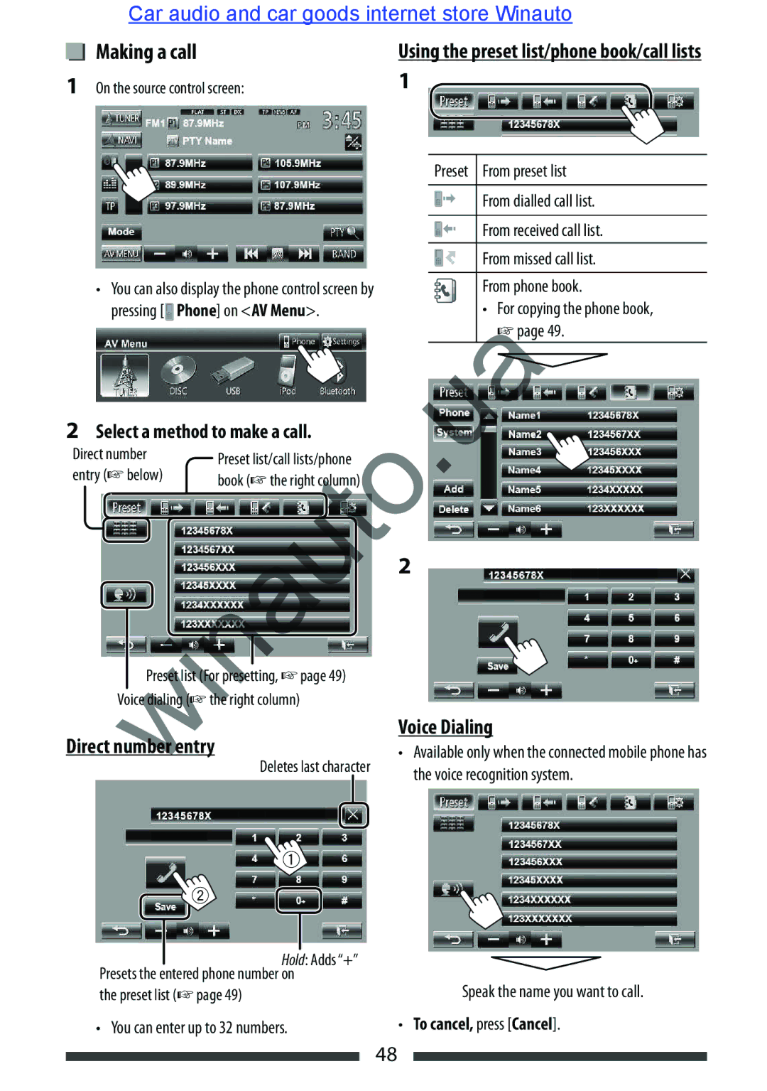 JVC KW-AVX846 user manual Making a call, Voice Dialing, Direct number entry, To cancel, press Cancel 