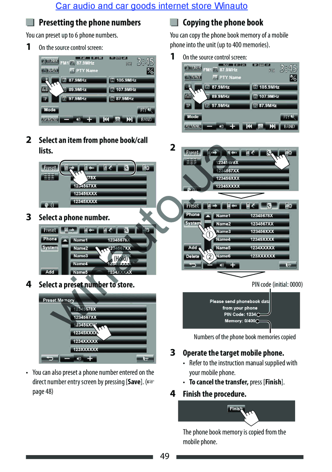 JVC KW-AVX846 user manual Copying the phone book, Presetting the phone numbers, Select preset umber to store 