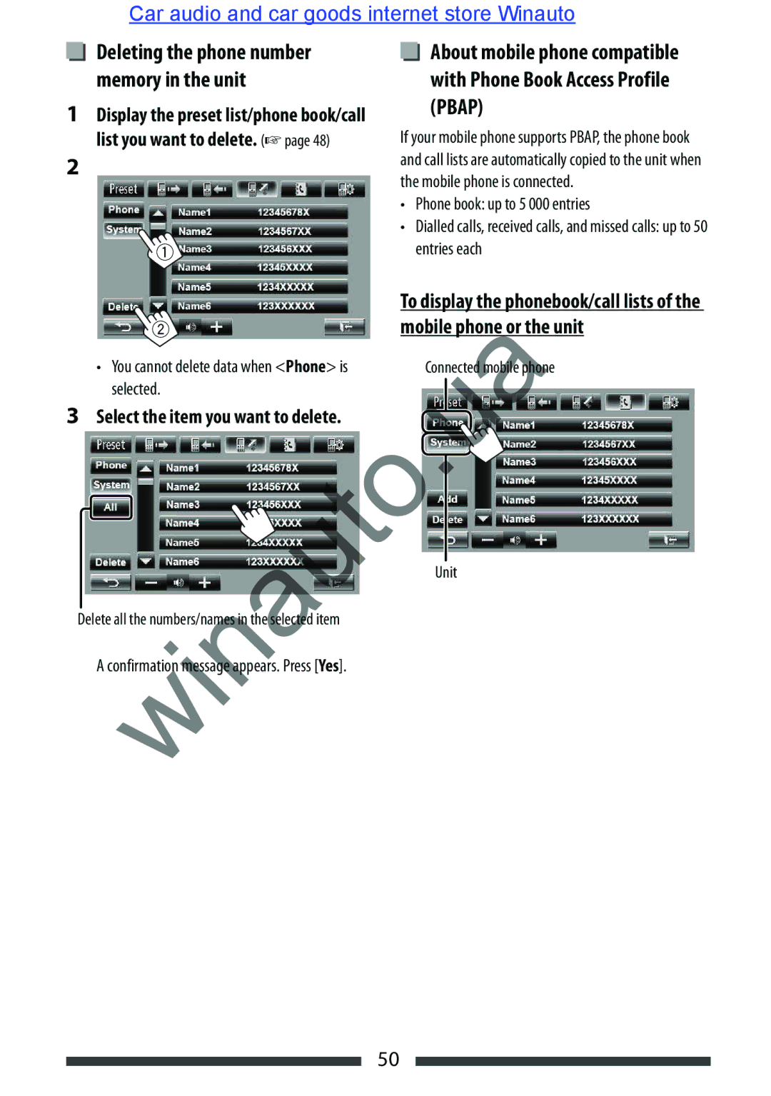 JVC KW-AVX846 user manual Select the item you want to delete, Selected, Delete all the numbers/n mes the selected item 