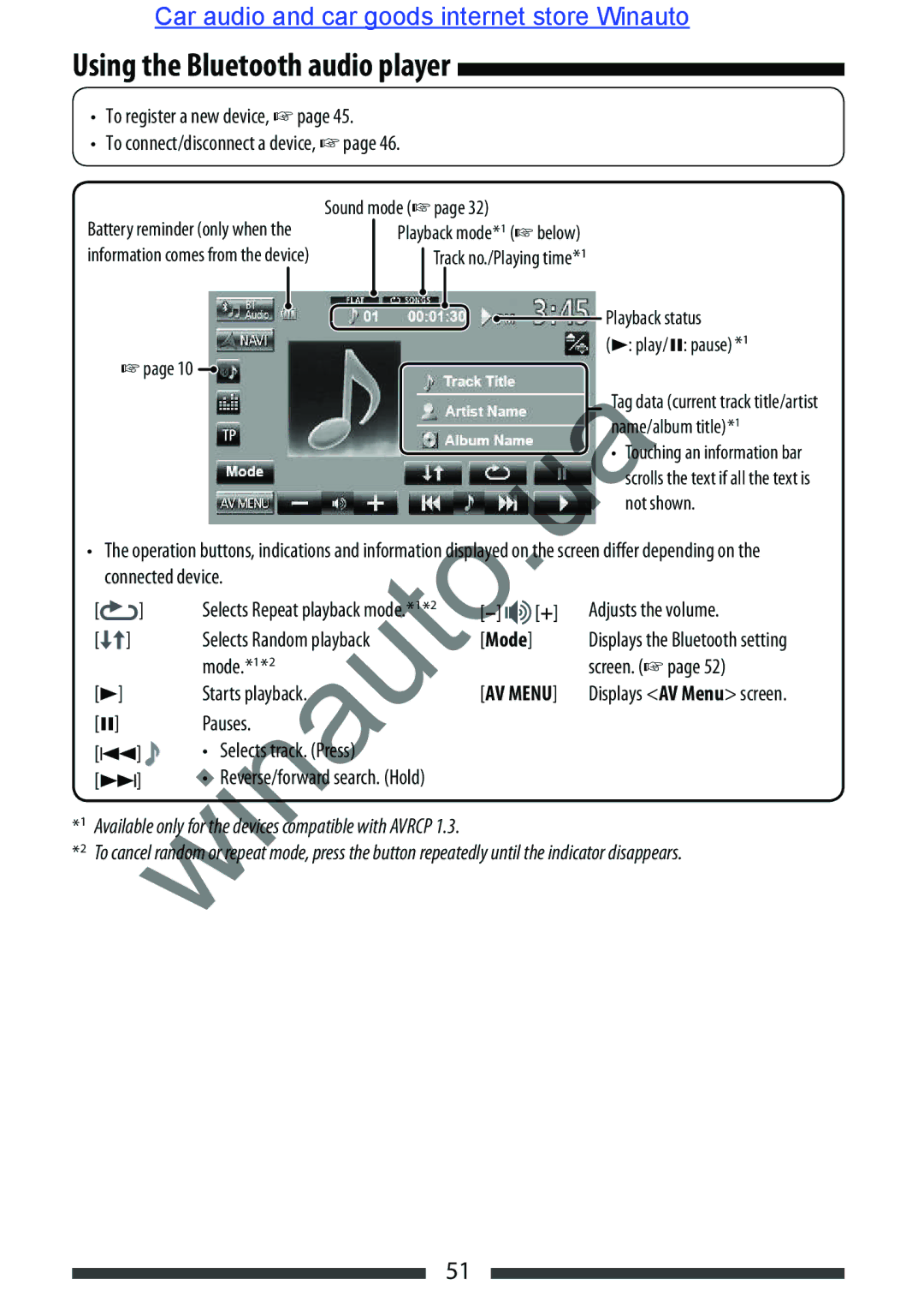 JVC KW-AVX846 user manual Using the Bluetooth audio player 