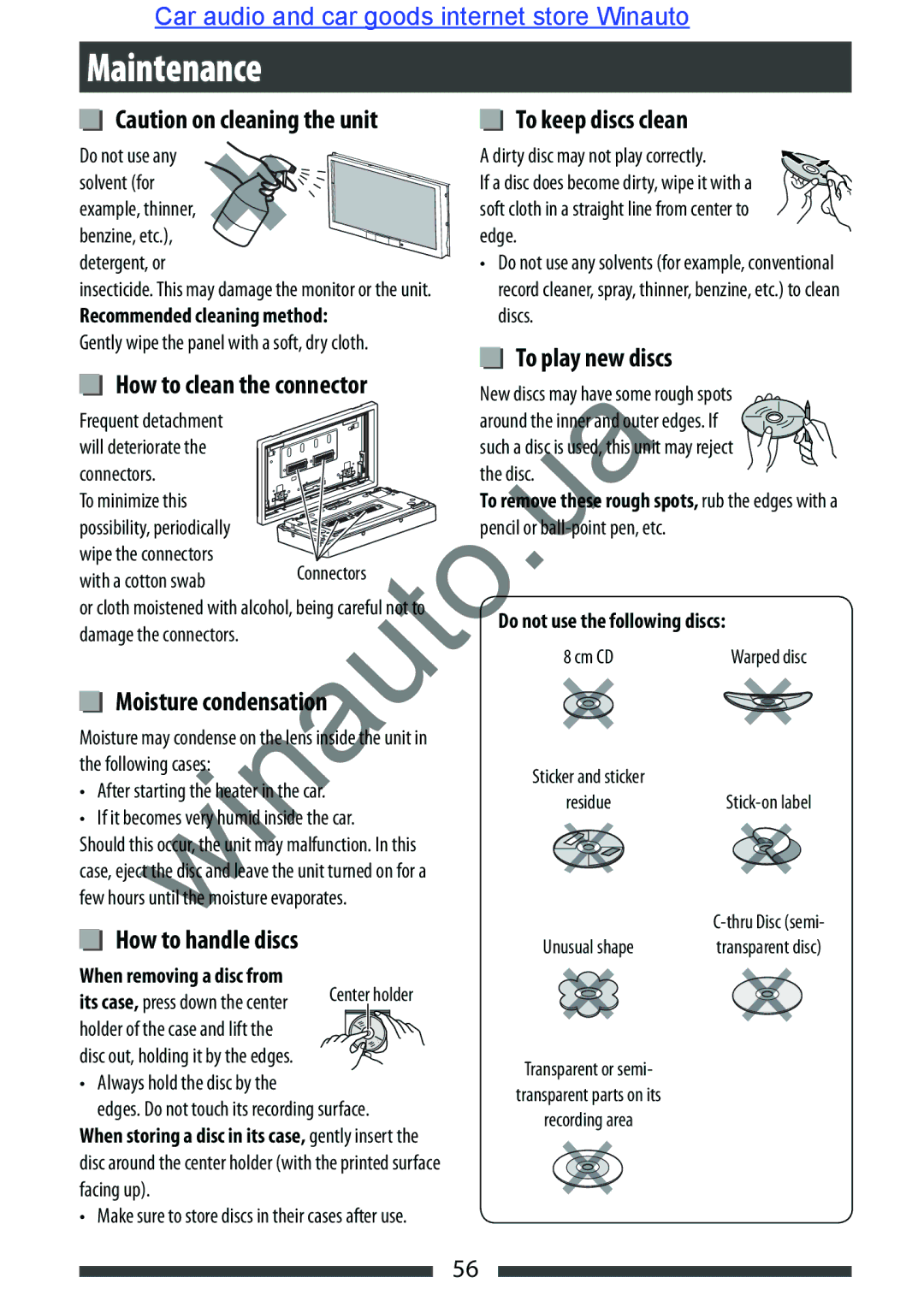 JVC KW-AVX846 user manual To keep discs clean, Moisture condens tion, How handle discs, Winauto, How to clean the connector 