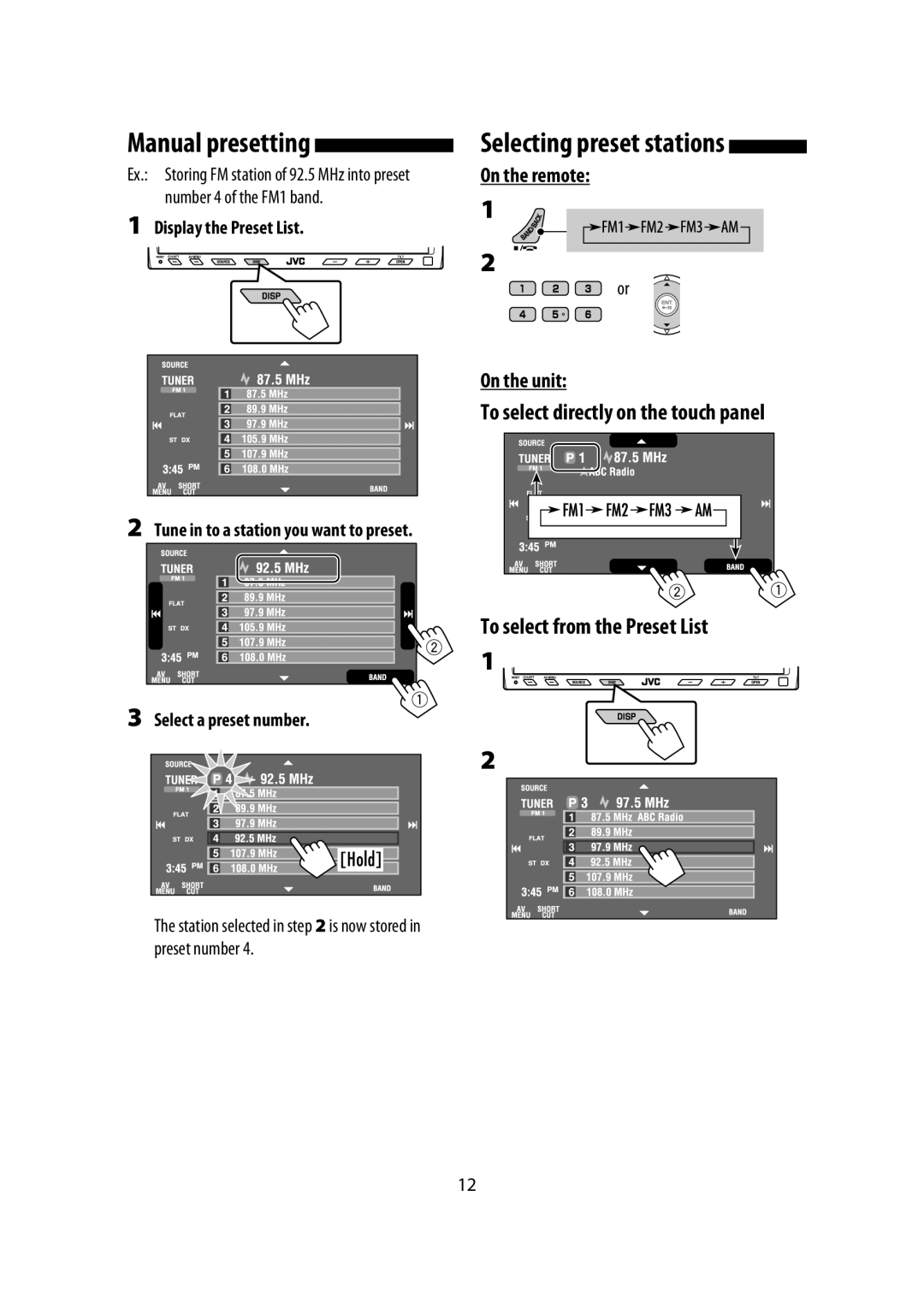 JVC KW-AVX900 manual To select directly on the touch panel, To select from the Preset List, On the remote On the unit 