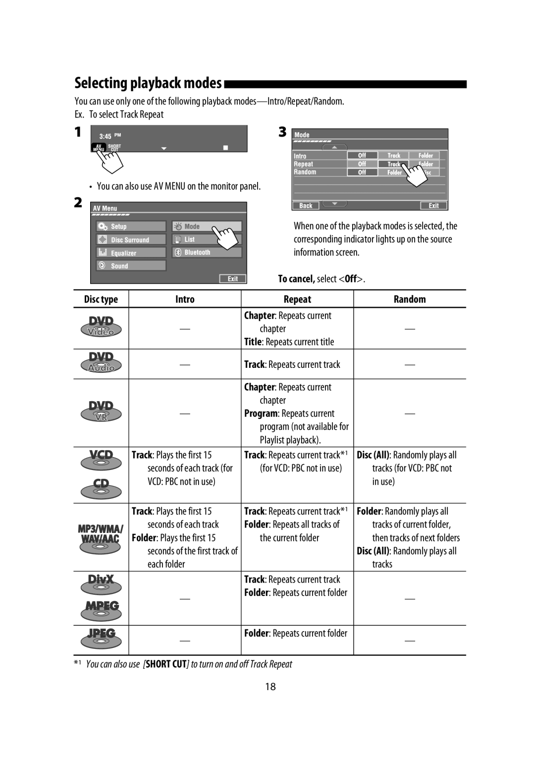 JVC KW-AVX900 manual To cancel, select Off, Repeat 