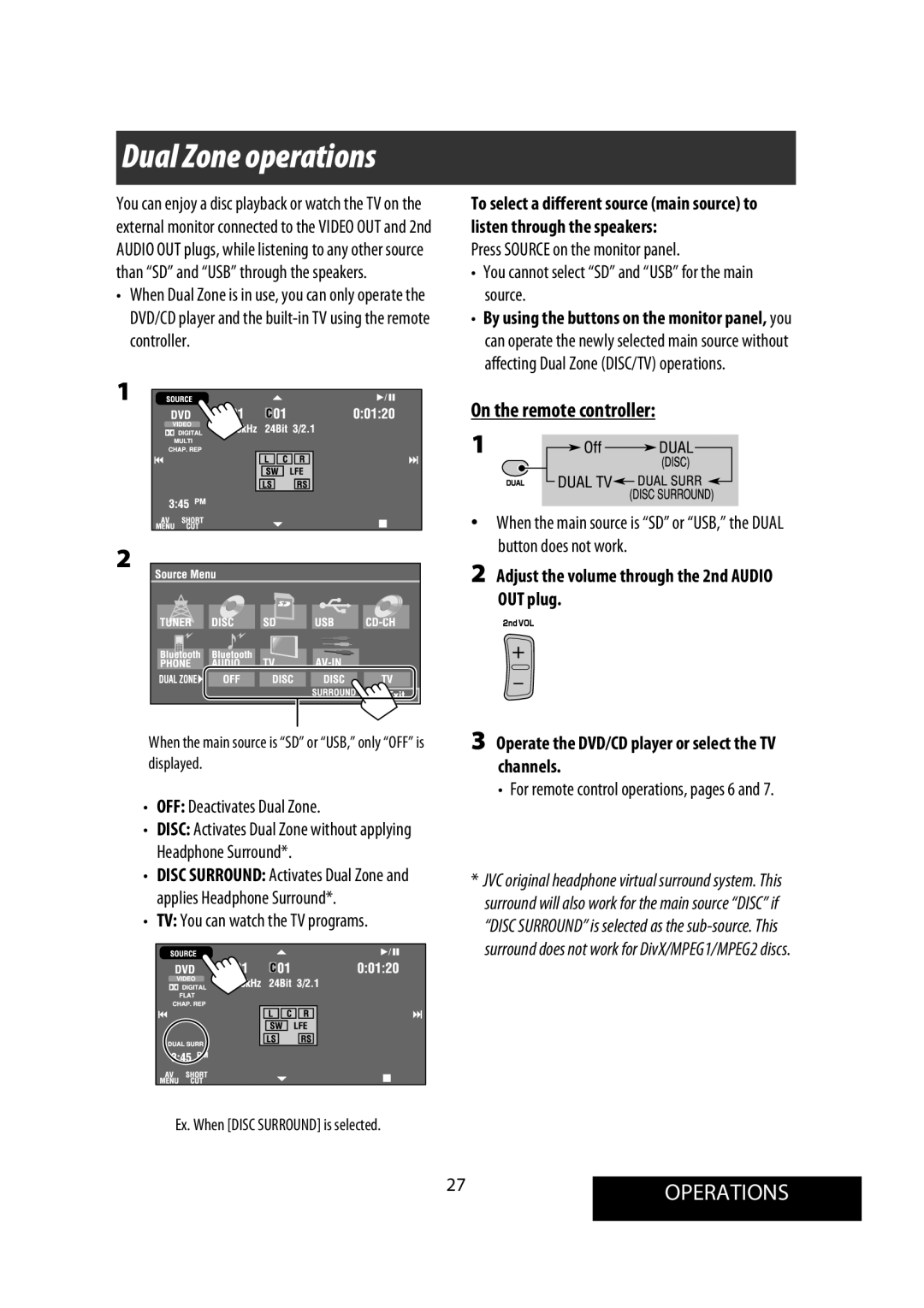 JVC KW-AVX900 manual 27OPERATIONS, OFF Deactivates Dual Zone, TV You can watch the TV programs 