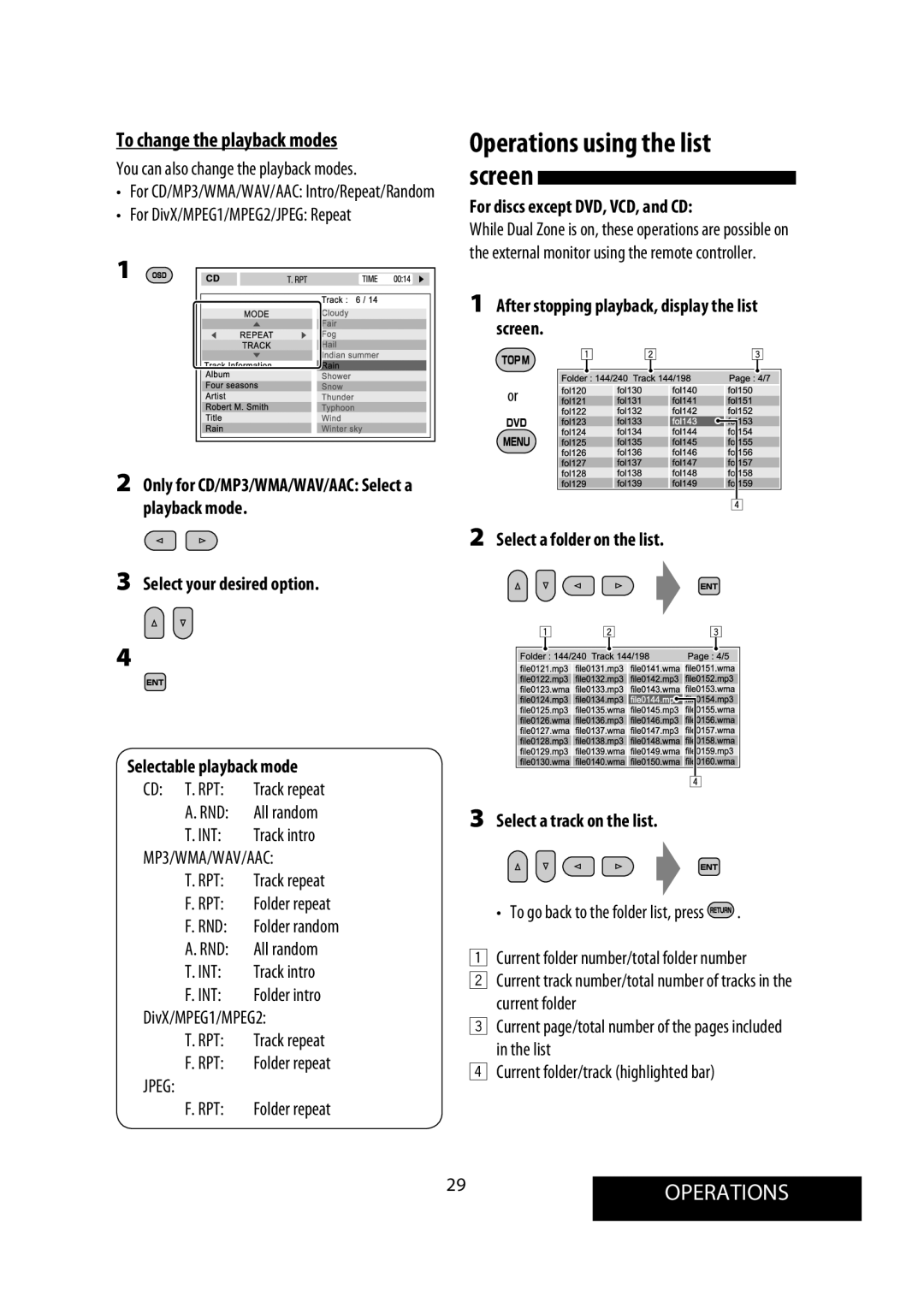 JVC KW-AVX900 manual 29OPERATIONS, To change the playback modes, Operations using the list screen 