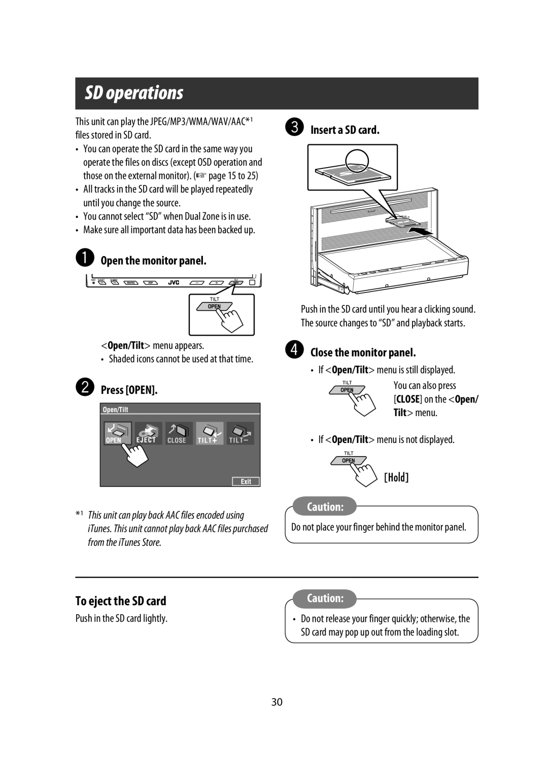 JVC KW-AVX900 SD operations, Insert a SD card, ⁄ Close the monitor panel, You can also press, Push in the SD card lightly 