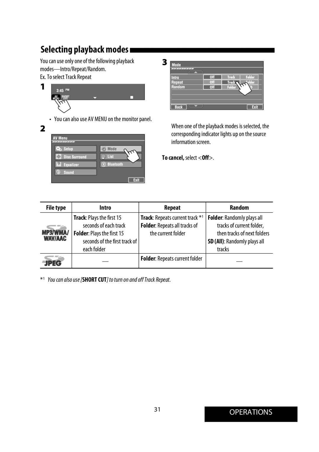 JVC KW-AVX900 manual 31OPERATIONS, To cancel, select Off File type Intro Repeat Random 