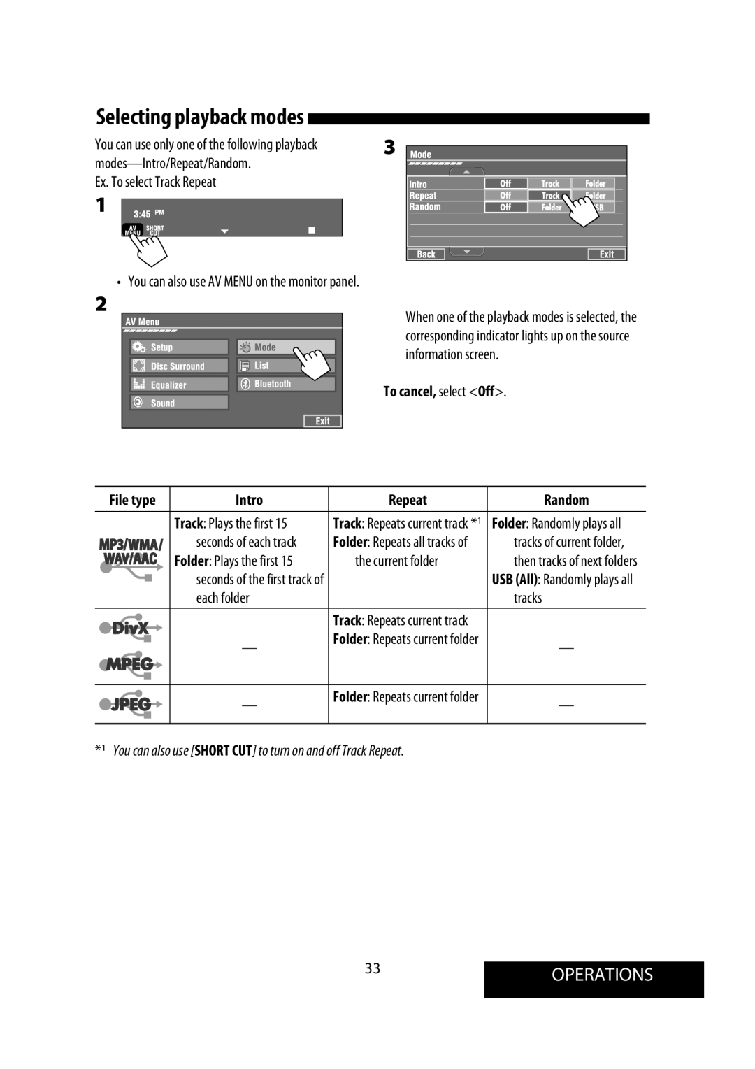 JVC KW-AVX900 manual 33OPERATIONS, Folder Repeats current folder 