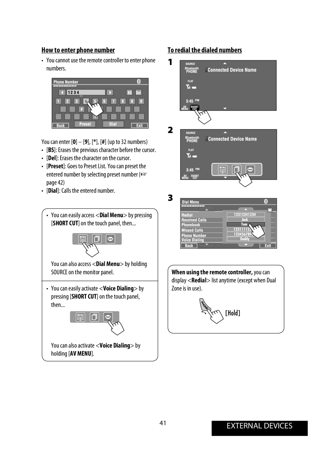 JVC KW-AVX900 manual How to enter phone number, To redial the dialed numbers, Dial Calls the entered number 