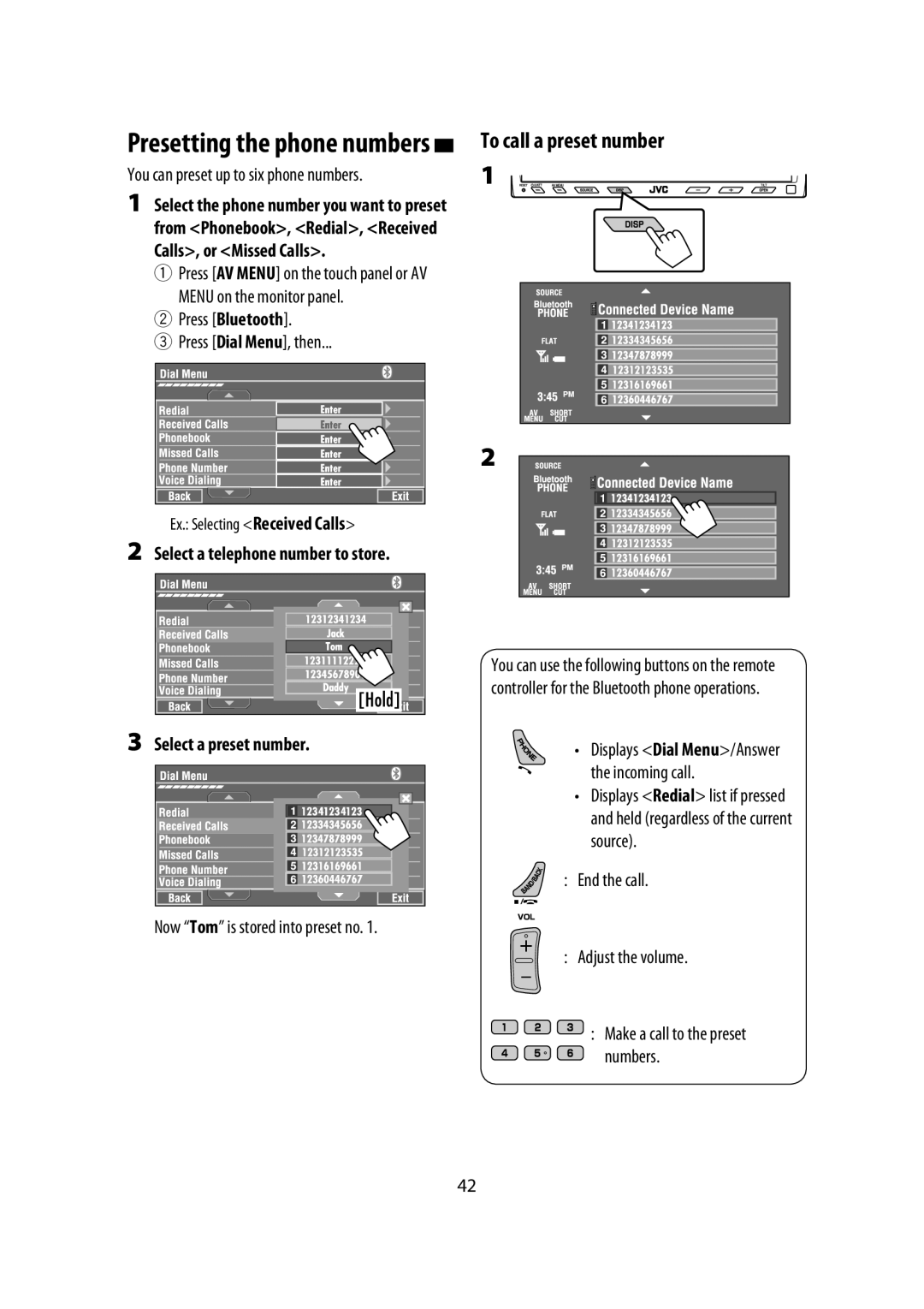 JVC KW-AVX900 manual To call a preset number, Presetting the phone numbers, Calls, or Missed Calls 